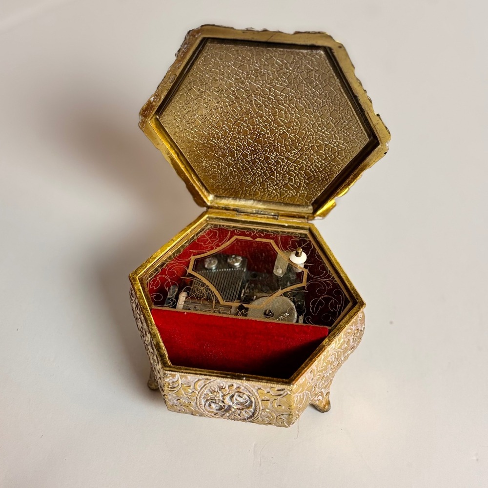 Vintage Miel Sankyo Music Box Gold Filigree Hexagon Kid Umbrella Japan tested